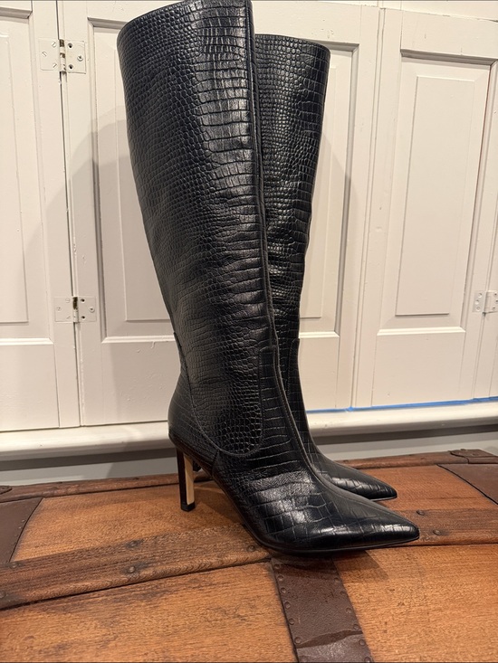 Nine West Shoes - Nine West Black Croc-Embossed Pointed-Toe Over-the-Knee Boots